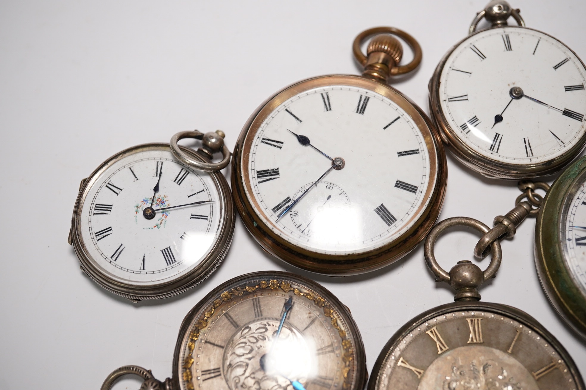 Four assorted white metal pocket watches and two other base metal pocket watches. Condition - poor to fair
